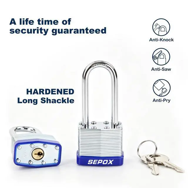 Alt view image 3 of 7 - ® Heavy Duty Outdoor Padlock Keyed-Alike 2-3/8" Extra Long Shackle 2PK | for Gate Shed Fence Truck Toolbox Locker Lock Body All Weather 1-9/16", 2PC Padlock with 4 Same Keys, Hardened Steel Shackle