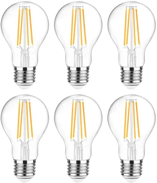 Main image of 60 Watt Equivalent, E26 LED Filament Light Bulbs, Warm White 2700K, Non-Dimmable, Classic Clear Glass, A19 LED Light Bulb with 80 CRI, Pack of 6