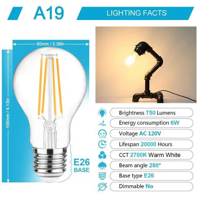 Alt view image 2 of 7 - 60 Watt Equivalent, E26 LED Filament Light Bulbs, Warm White 2700K, Non-Dimmable, Classic Clear Glass, A19 LED Light Bulb with 80 CRI, Pack of 6