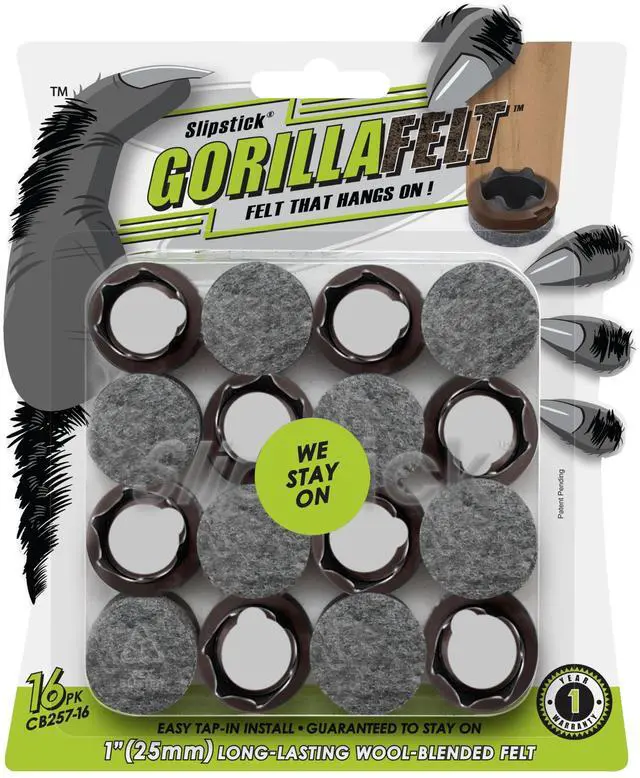 Main image of GorillaFelt Chair Leg Floor Protectors/Felt Chair Glides (Set of 16) Tap-On Felt Furniture Pads Guaranteed to Stay On, 1 Inch Round Chair Sliders