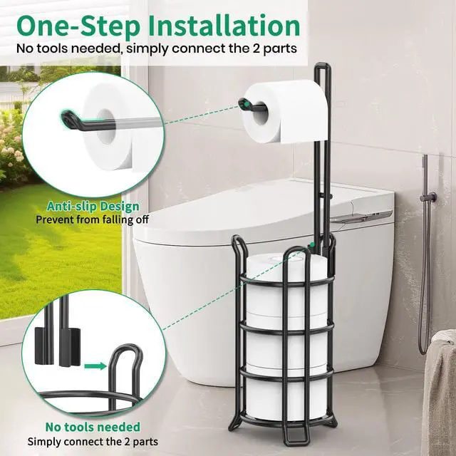 Alt view image 2 of 7 - Toilet Paper Holder Stand Free Standing, Holds 4 Mega Rolls, Black | Tool-Free Assembly, Detachable Metal Wire Frame, Powder-Coated Finish, Easy Storage and Flexible Bathroom Placement