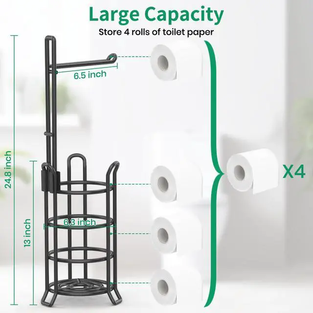 Alt view image 3 of 7 - Toilet Paper Holder Stand Free Standing, Holds 4 Mega Rolls, Black | Tool-Free Assembly, Detachable Metal Wire Frame, Powder-Coated Finish, Easy Storage and Flexible Bathroom Placement