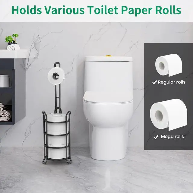 Alt view image 4 of 7 - Toilet Paper Holder Stand Free Standing, Holds 4 Mega Rolls, Black | Tool-Free Assembly, Detachable Metal Wire Frame, Powder-Coated Finish, Easy Storage and Flexible Bathroom Placement