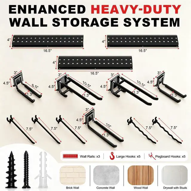 Alt view image 2 of 7 - Garage Tool Organizer Wall Mount 49.5 inches with 10 Adjustable Heavy-Duty Hooks, Garage Organization, Garden Tool Storage Rack, Yard, and Shed, Holds Up to 400 lbs