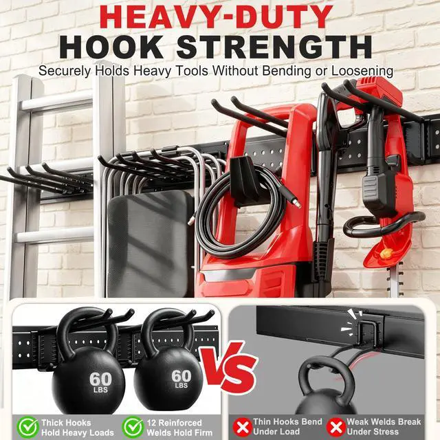 Alt view image 3 of 7 - Garage Tool Organizer Wall Mount 49.5 inches with 10 Adjustable Heavy-Duty Hooks, Garage Organization, Garden Tool Storage Rack, Yard, and Shed, Holds Up to 400 lbs