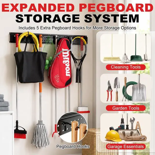 Alt view image 4 of 7 - Garage Tool Organizer Wall Mount 49.5 inches with 10 Adjustable Heavy-Duty Hooks, Garage Organization, Garden Tool Storage Rack, Yard, and Shed, Holds Up to 400 lbs
