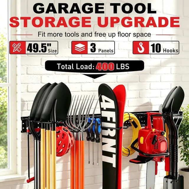 Alt view image 7 of 7 - Garage Tool Organizer Wall Mount 49.5 inches with 10 Adjustable Heavy-Duty Hooks, Garage Organization, Garden Tool Storage Rack, Yard, and Shed, Holds Up to 400 lbs