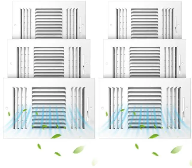 Main image of 6 Pack Wall Vent Covers Interior Size 10 X 6 Inch, White Steel | 3 Way Adjustable Air Flow, Steel Construction for Ceiling Sidewall Bathroom Office HVAC, Durable Register Grilles