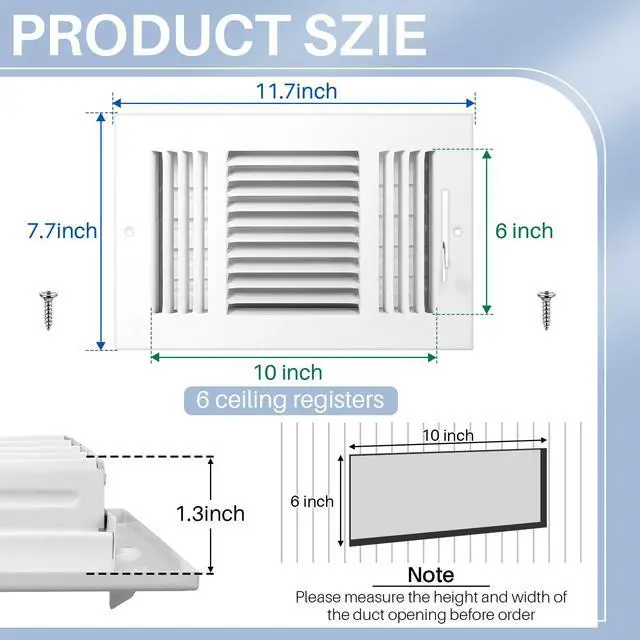 Alt view image 2 of 7 - 6 Pack Wall Vent Covers Interior Size 10 X 6 Inch, White Steel | 3 Way Adjustable Air Flow, Steel Construction for Ceiling Sidewall Bathroom Office HVAC, Durable Register Grilles