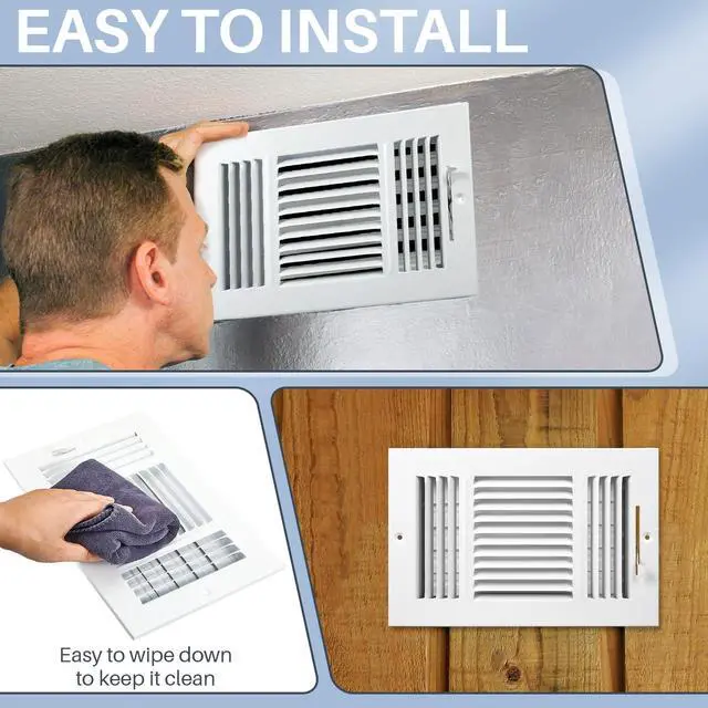 Alt view image 4 of 7 - 6 Pack Wall Vent Covers Interior Size 10 X 6 Inch, White Steel | 3 Way Adjustable Air Flow, Steel Construction for Ceiling Sidewall Bathroom Office HVAC, Durable Register Grilles