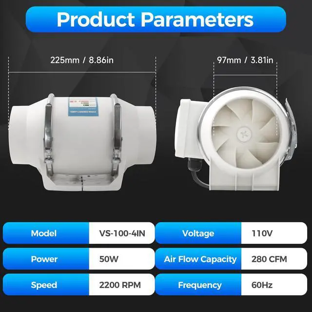 Alt view image 6 of 7 - 4 Inch Duct Fan 280 CFM Inline Ventilation Exhaust Fan | Powerful Airflow | Low Noise | Durable Motor | Safety Protection | for Grow Tent, Bathroom, Hydroponics, 3D Printer, Kitchen