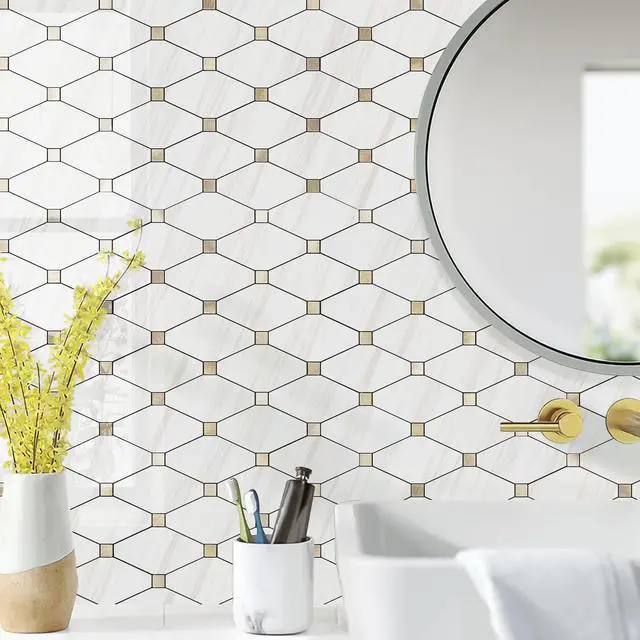Alt view image 5 of 7 - 10 Sheets Peel and Stick Backsplash, Polished Dolomite PVC Mixed Metal Gold Kitchen Backsplash, Stick on Backsplash Wall Tiles for Kitchen, Bathroom, RV