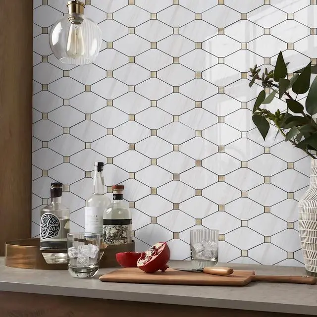 Alt view image 7 of 7 - 10 Sheets Peel and Stick Backsplash, Polished Dolomite PVC Mixed Metal Gold Kitchen Backsplash, Stick on Backsplash Wall Tiles for Kitchen, Bathroom, RV