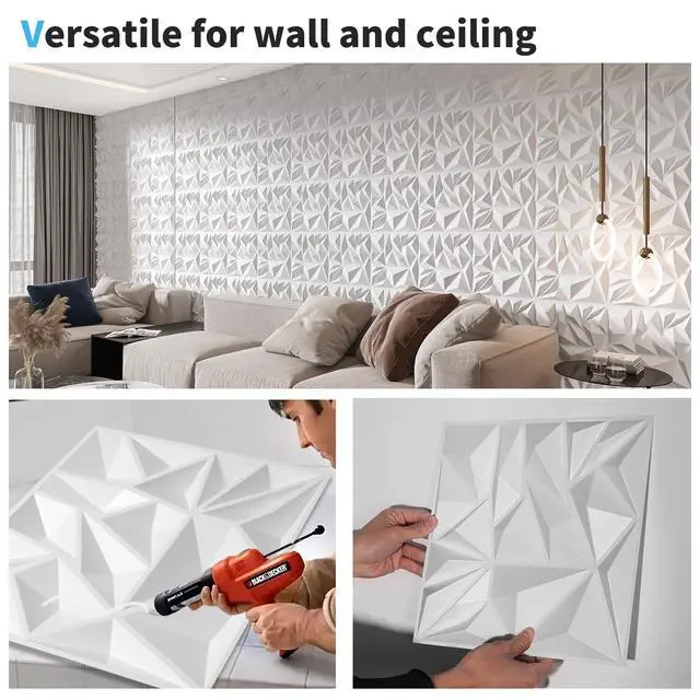 Alt view image 5 of 7 - 33-Pack Modern Diamond Textured 3D Wall Panels, 12 x 12 in, White | Light PVC, Waterproof, Scratch Proof, Decorative Wall, Ideal for Home, Office & Commercial Spaces