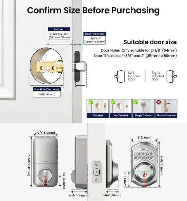 Alt view image 5 of 7 - VE001 Keyless Entry Deadbolt, Electronic Keypad Lock, Satin Nickel | ANSI Grade 3 Security, 20 User Codes, Low Battery Alert, IP55 Waterproof, One Touch Lock, Anti-Peep Password & 2 Backup Keys