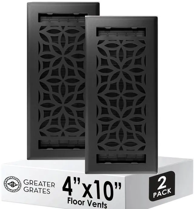 Main image of Floor Vent Covers 4x10 Floor Register Heavy-Duty Steel, Rustproof & Walkable Grates, Drop-in Install, Adjustable Airflow Decorative (Floral Textured Black, 2 Pack)