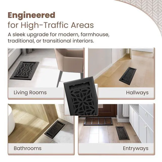 Alt view image 2 of 7 - Floor Vent Covers 4x10 Floor Register Heavy-Duty Steel, Rustproof & Walkable Grates, Drop-in Install, Adjustable Airflow Decorative (Floral Textured Black, 2 Pack)