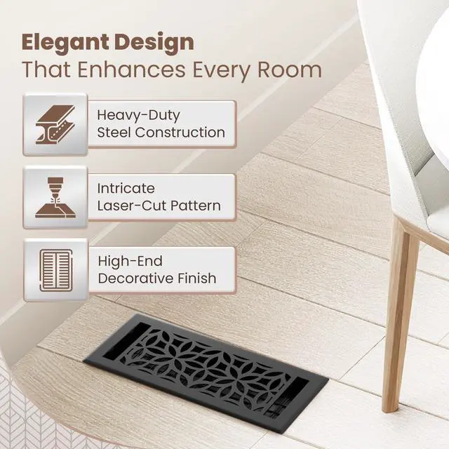 Alt view image 3 of 7 - Floor Vent Covers 4x10 Floor Register Heavy-Duty Steel, Rustproof & Walkable Grates, Drop-in Install, Adjustable Airflow Decorative (Floral Textured Black, 2 Pack)