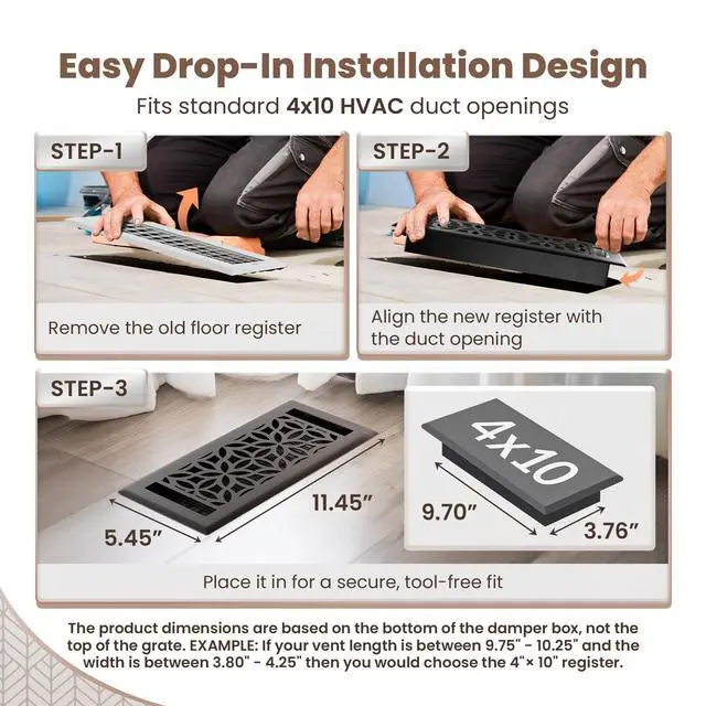 Alt view image 6 of 7 - Floor Vent Covers 4x10 Floor Register Heavy-Duty Steel, Rustproof & Walkable Grates, Drop-in Install, Adjustable Airflow Decorative (Floral Textured Black, 2 Pack)