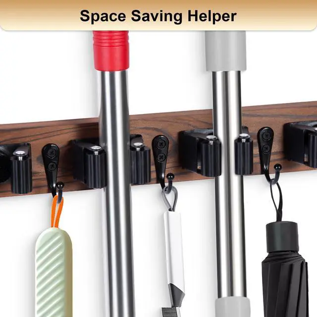 Alt view image 3 of 7 - Broom Holder Wall Mount With 5 Slots & 4 HooksRustic Wood Broom & Mop HangerWall Mounted Garden & Garage Tool Storage Organizer Rack for Closet Laundry Room or Kitchen Wall Decor