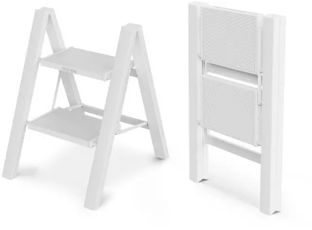 Main image of 2 Step Ladder, 300lbs Load, 17'' Top Step, White | 7ft Reach; 7.9'' Wide Pedals; Anti-Slip Feet Grip Wood, Tile, Carpet; Rigid Aluminum Steps; No Assembly; Ready From Box