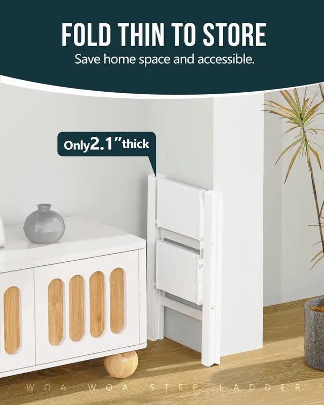 Alt view image 6 of 7 - 2 Step Ladder, 300lbs Load, 17'' Top Step, White | 7ft Reach; 7.9'' Wide Pedals; Anti-Slip Feet Grip Wood, Tile, Carpet; Rigid Aluminum Steps; No Assembly; Ready From Box