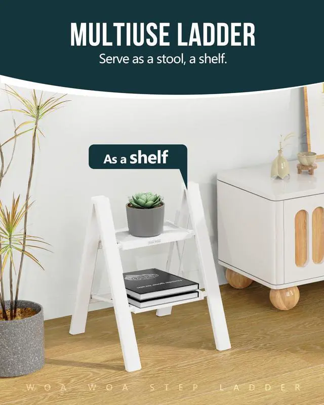 Alt view image 7 of 7 - 2 Step Ladder, 300lbs Load, 17'' Top Step, White | 7ft Reach; 7.9'' Wide Pedals; Anti-Slip Feet Grip Wood, Tile, Carpet; Rigid Aluminum Steps; No Assembly; Ready From Box