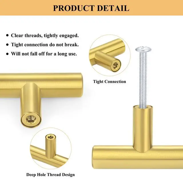 Alt view image 2 of 5 - 30Pack 3''Hole Centers Gold Cabinet Handles-Brushed Brass Cabinet Pulls Gold Dresser Drawer Pulls-Stainless Steel Door Hardware for Kitchen Bathroom Bedroom Furniture-5''Overall Length