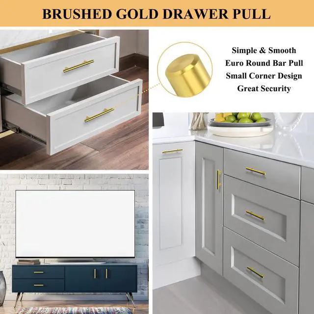 Alt view image 3 of 5 - 30Pack 3''Hole Centers Gold Cabinet Handles-Brushed Brass Cabinet Pulls Gold Dresser Drawer Pulls-Stainless Steel Door Hardware for Kitchen Bathroom Bedroom Furniture-5''Overall Length