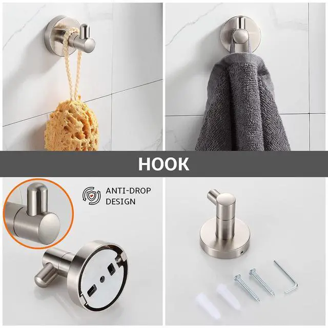 Alt view image 5 of 7 - Bathroom Accessory Set,4-Piece Brushed Nickel Towel Racks for Bathroom, 24 Inches Towel Bar, Towel Ring, Toilet Paper Holder & Robe Hook, Wall Mounted