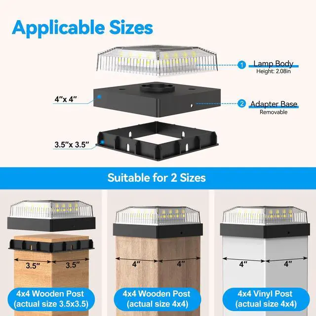 Alt view image 2 of 7 - Solar Post Cap Lights for 4x4 Wood/Vinyl Fence Posts, 12-Pack | 4x4 Post Solar Lights, IP65 Waterproof, 10-12 Hours of Illumination with 3 Lighting Modes for Garden/Patio/Porch, Black