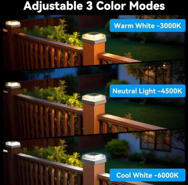 Alt view image 3 of 7 - Solar Post Cap Lights for 4x4 Wood/Vinyl Fence Posts, 12-Pack | 4x4 Post Solar Lights, IP65 Waterproof, 10-12 Hours of Illumination with 3 Lighting Modes for Garden/Patio/Porch, Black