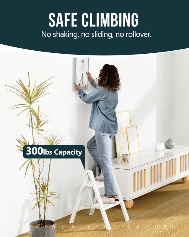 Alt view image 3 of 7 - 2 Step Ladder, 300lbs Load, 17'' Top Step, White | 7ft Reach; 7.9'' Wide Pedals; Anti-Slip Feet Grip Wood, Tile, Carpet; Rigid Aluminum Steps; No Assembly; Ready From Box