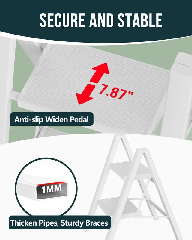 Alt view image 5 of 7 - 2 Step Ladder, 300lbs Load, 17'' Top Step, White | 7ft Reach; 7.9'' Wide Pedals; Anti-Slip Feet Grip Wood, Tile, Carpet; Rigid Aluminum Steps; No Assembly; Ready From Box