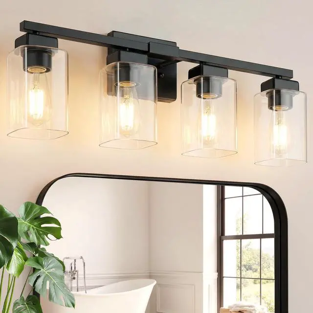 Main image of 27 Bathroom Light Fixtures Over Mirror,4-Light Black Vanity Light | Square Clear Glass & Durable Metal, Quick & Easy Installation, Standard E26 Socket, Bright Bathroom Lighting