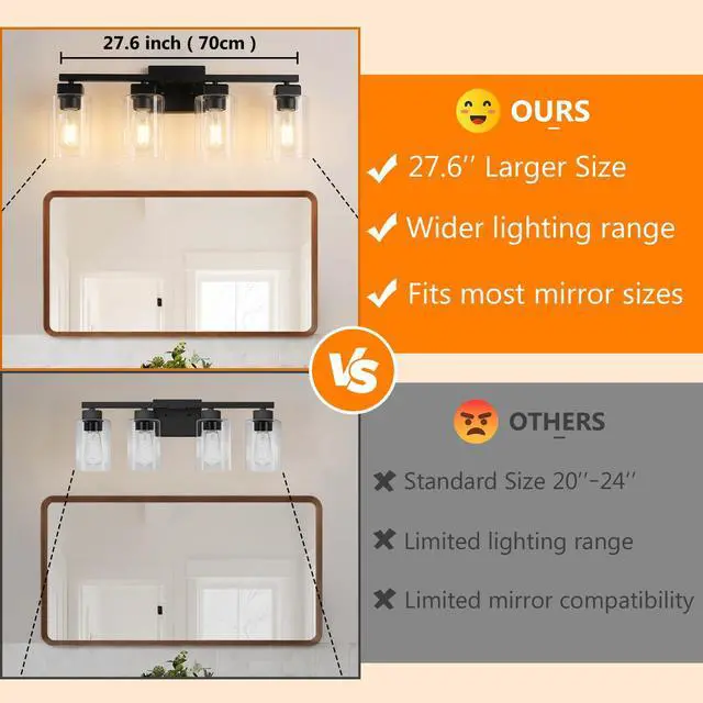Alt view image 2 of 7 - 27 Bathroom Light Fixtures Over Mirror,4-Light Black Vanity Light | Square Clear Glass & Durable Metal, Quick & Easy Installation, Standard E26 Socket, Bright Bathroom Lighting