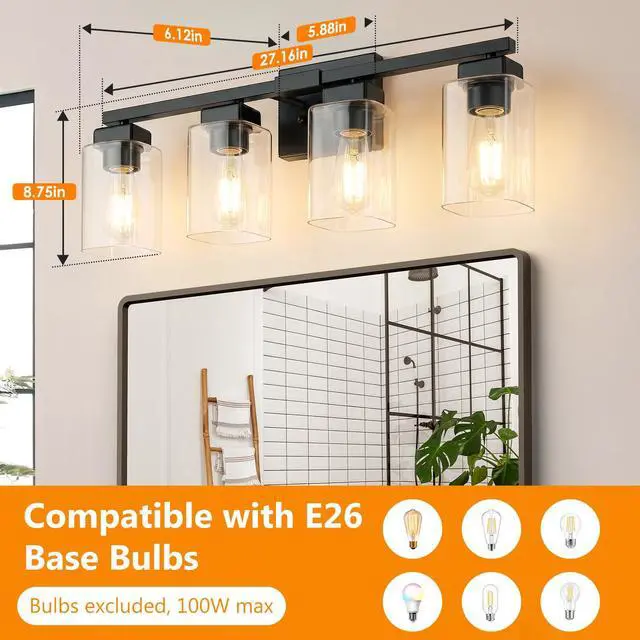 Alt view image 6 of 7 - 27 Bathroom Light Fixtures Over Mirror,4-Light Black Vanity Light | Square Clear Glass & Durable Metal, Quick & Easy Installation, Standard E26 Socket, Bright Bathroom Lighting