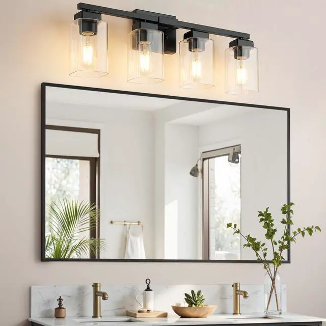 Alt view image 7 of 7 - 27 Bathroom Light Fixtures Over Mirror,4-Light Black Vanity Light | Square Clear Glass & Durable Metal, Quick & Easy Installation, Standard E26 Socket, Bright Bathroom Lighting