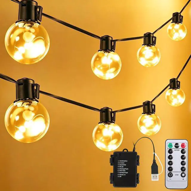 Main image of Outdoor String Lights Battery Operated,22ft 20 G40 LED Patio Bulbs | Warm White Dimmable Remote Timer, IP65 Waterproof Shatterproof Globe Hanging Bulb for Backyard Balcony Bistro Christmas Decor