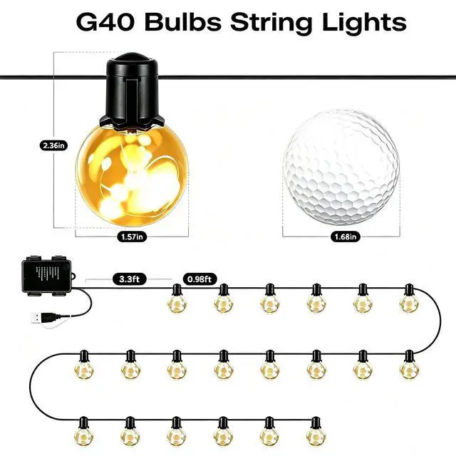 Alt view image 6 of 6 - Outdoor String Lights Battery Operated,22ft 20 G40 LED Patio Bulbs | Warm White Dimmable Remote Timer, IP65 Waterproof Shatterproof Globe Hanging Bulb for Backyard Balcony Bistro Christmas Decor