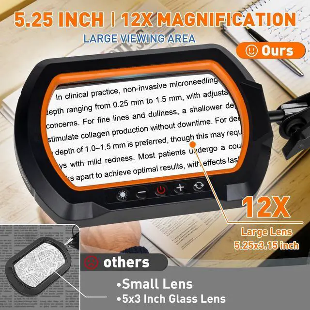 Alt view image 2 of 7 - 12X Square Ultra Long Magnifying Glass with Light and Clamp | 3-Section Arm Hands Free Lighted Stand, 5 Color Modes, Stepless Dimming LED Desk Lamp for Workbench, Crafting, Reading-Yellow