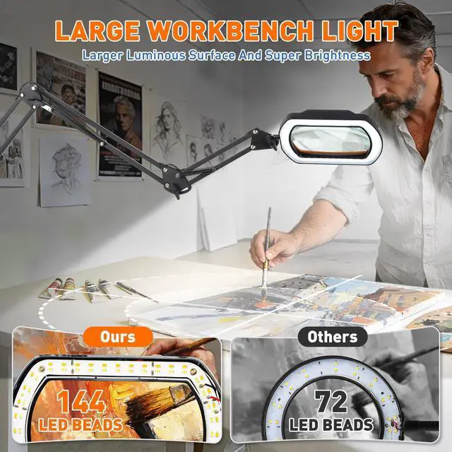Alt view image 3 of 7 - 12X Square Ultra Long Magnifying Glass with Light and Clamp | 3-Section Arm Hands Free Lighted Stand, 5 Color Modes, Stepless Dimming LED Desk Lamp for Workbench, Crafting, Reading-Yellow