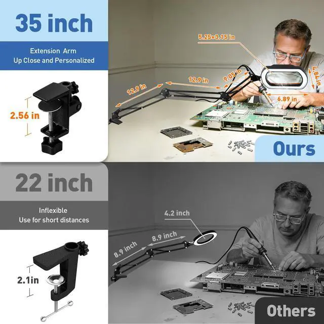 Alt view image 4 of 7 - 12X Square Ultra Long Magnifying Glass with Light and Clamp | 3-Section Arm Hands Free Lighted Stand, 5 Color Modes, Stepless Dimming LED Desk Lamp for Workbench, Crafting, Reading-Yellow