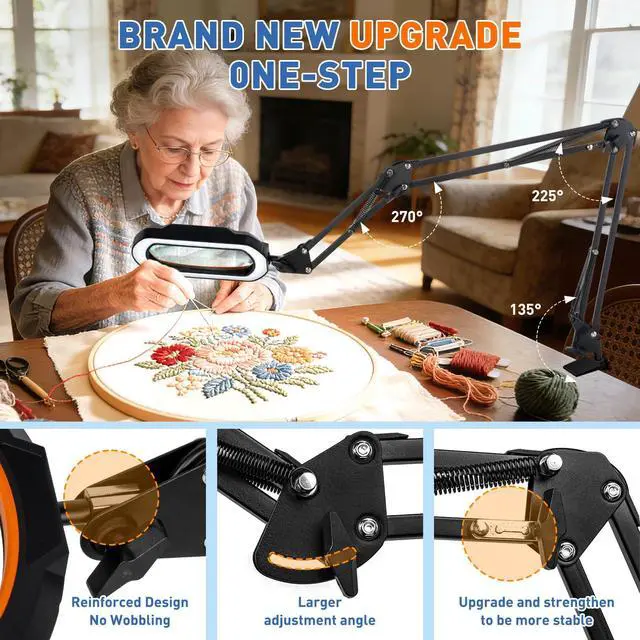 Alt view image 6 of 7 - 12X Square Ultra Long Magnifying Glass with Light and Clamp | 3-Section Arm Hands Free Lighted Stand, 5 Color Modes, Stepless Dimming LED Desk Lamp for Workbench, Crafting, Reading-Yellow