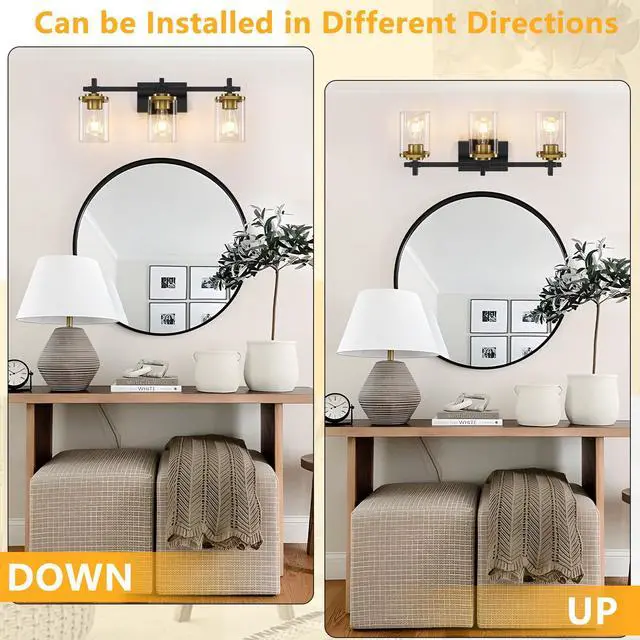 Alt view image 3 of 7 - 3-Lights Black and Gold Bathroom Light Fixtures Over Mirror, Modern Brushed Gold Vanity Lights for Bathroom, Sconces Wall Lighting with Square Glass Shade for Mirror Bedroom Hallway
