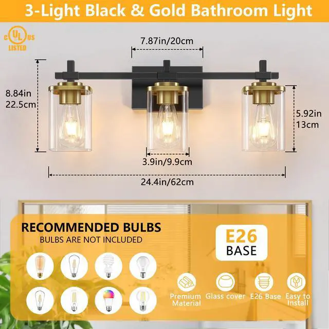 Alt view image 2 of 7 - 3-Lights Black and Gold Bathroom Light Fixtures Over Mirror, Modern Brushed Gold Vanity Lights for Bathroom, Sconces Wall Lighting with Square Glass Shade for Mirror Bedroom Hallway