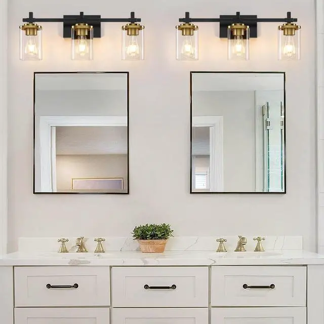Alt view image 4 of 7 - 3-Lights Black and Gold Bathroom Light Fixtures Over Mirror, Modern Brushed Gold Vanity Lights for Bathroom, Sconces Wall Lighting with Square Glass Shade for Mirror Bedroom Hallway