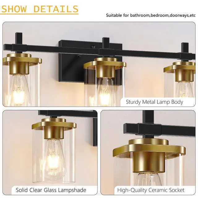 Alt view image 5 of 7 - 3-Lights Black and Gold Bathroom Light Fixtures Over Mirror, Modern Brushed Gold Vanity Lights for Bathroom, Sconces Wall Lighting with Square Glass Shade for Mirror Bedroom Hallway
