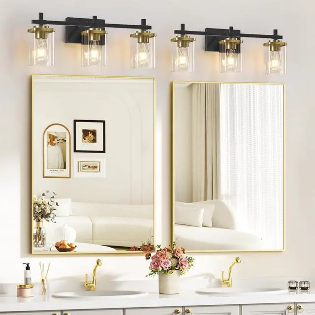 Alt view image 6 of 7 - 3-Lights Black and Gold Bathroom Light Fixtures Over Mirror, Modern Brushed Gold Vanity Lights for Bathroom, Sconces Wall Lighting with Square Glass Shade for Mirror Bedroom Hallway