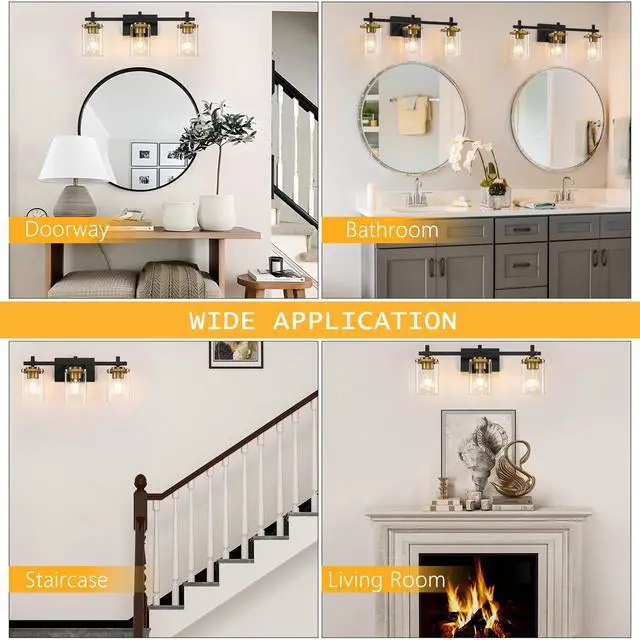 Alt view image 7 of 7 - 3-Lights Black and Gold Bathroom Light Fixtures Over Mirror, Modern Brushed Gold Vanity Lights for Bathroom, Sconces Wall Lighting with Square Glass Shade for Mirror Bedroom Hallway